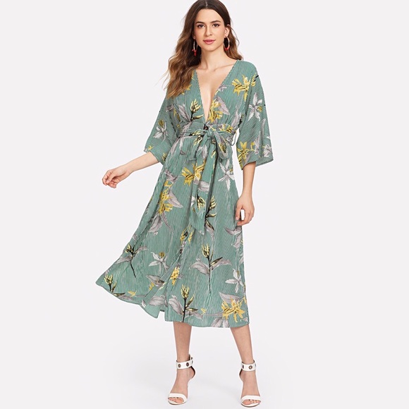 Dresses & Skirts - Mixed Print Plunging Neck Midi Dress